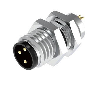 Вилочный разъем в панель M8A03C-MPSFHUA - Вилочный разъем в панель, 3 полюса, M8, гайка сзади, вывод под пайку, A-Code, 3А, 60V, резьба на гайке M8*0.5, резьбовое соединение: латунь, неэкранированный