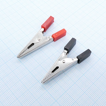 Зажим крокодил 8-0028 кр/чер (пара) 5А - Зажим типа крокодил черный/красный (ПАРА)с изоляторами, под пайку/обжим, 5 А