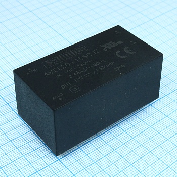 AMEL20-15SCJZ - AC/DC, 20Вт, вход 85…264В, выход 15В/1.3А, изоляция 3000В AC, КПД 83%, максимальная емкостная нагрузка не более 2700мкФ, 53.8x28.8x23.5мм, -20…75°C, пластик