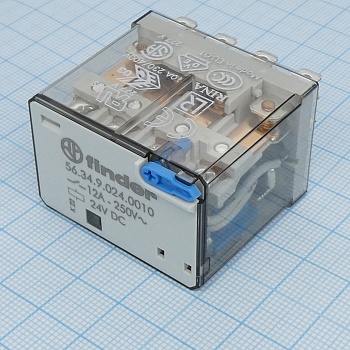 56.34.9.024.0010 - Миниатюрное силовое электромеханическое реле; монтаж в розетку или наконечники Faston (4.8х0.5мм); 4CO 12A; контакты AgNi; катушка 24В DC; степень защиты RTI; опции: кнопка тест