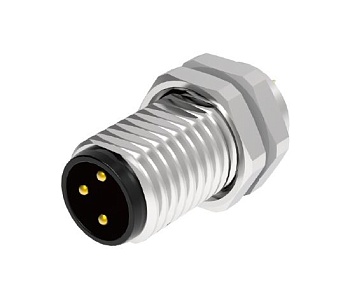 Вилочный разъем в панель M8A03C-MPSRHUB - Вилочный разъем в панель, 3 полюса, M8, гайка спереди, вывод под пайку, A-Code, 3А, 60V, резьба на гайке M8*0.5, резьбовое соединение: латунь, неэкранированный