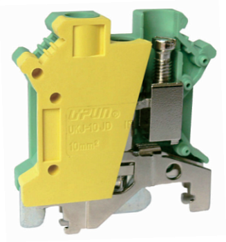 Заземляющая клемма UKJ-10JDEE - Заземляющая мини клемма, серия EE, тип фиксации провода: винтовой, номинальное сечение: 10 мм кв., ширина: 10,2 мм, цвет: желто-зеленый, стандарт GB/T14048.1, тип монтажа: DIN 35