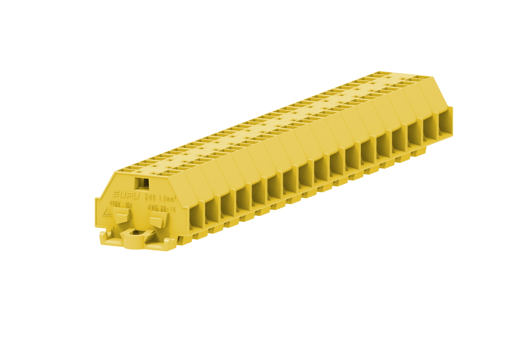 Клемма мини 241335 - Мини клемма, боковой подвод кабеля, 4 точки подключения в клемме, тип фиксации провода: пружинный, номинальное сечение: 2,5 мм кв., 24A, 500V, цвет: желтый, тип монтажа: монтажные фланцы