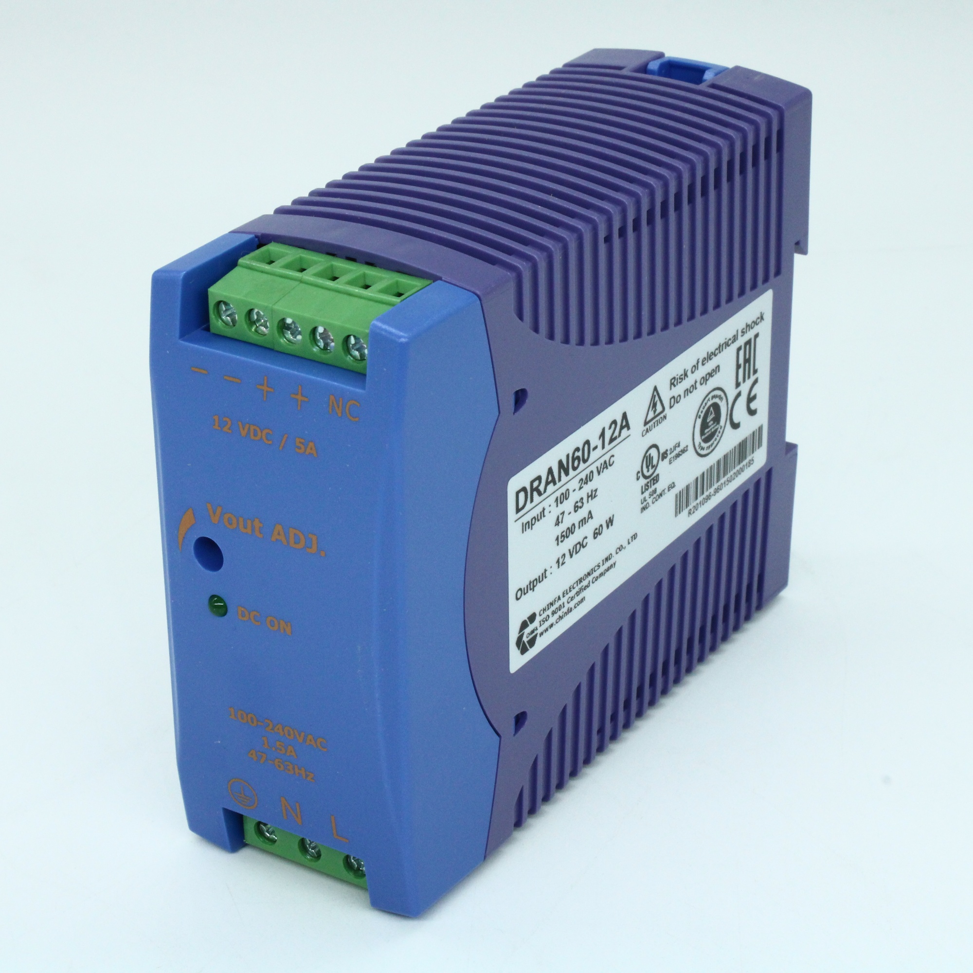 DRAN60-12A - Преобразователь AC-DC на DIN-рейку  60Вт, выход 12В/5A, рег. вых=+15%Uном, вход 90…265V AC, 47…63Гц / 120...370V DC , изоляция 3000V AC, : 115х90х41мм, винтовые клеммы, -40…+71°С