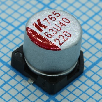 A765EB227M0JLAE020 - 6.3 В 220мкФ, ±20%, диаметр 6.3 мм, высота 6.6 мм, температура -55 °C...+105 °С SMD