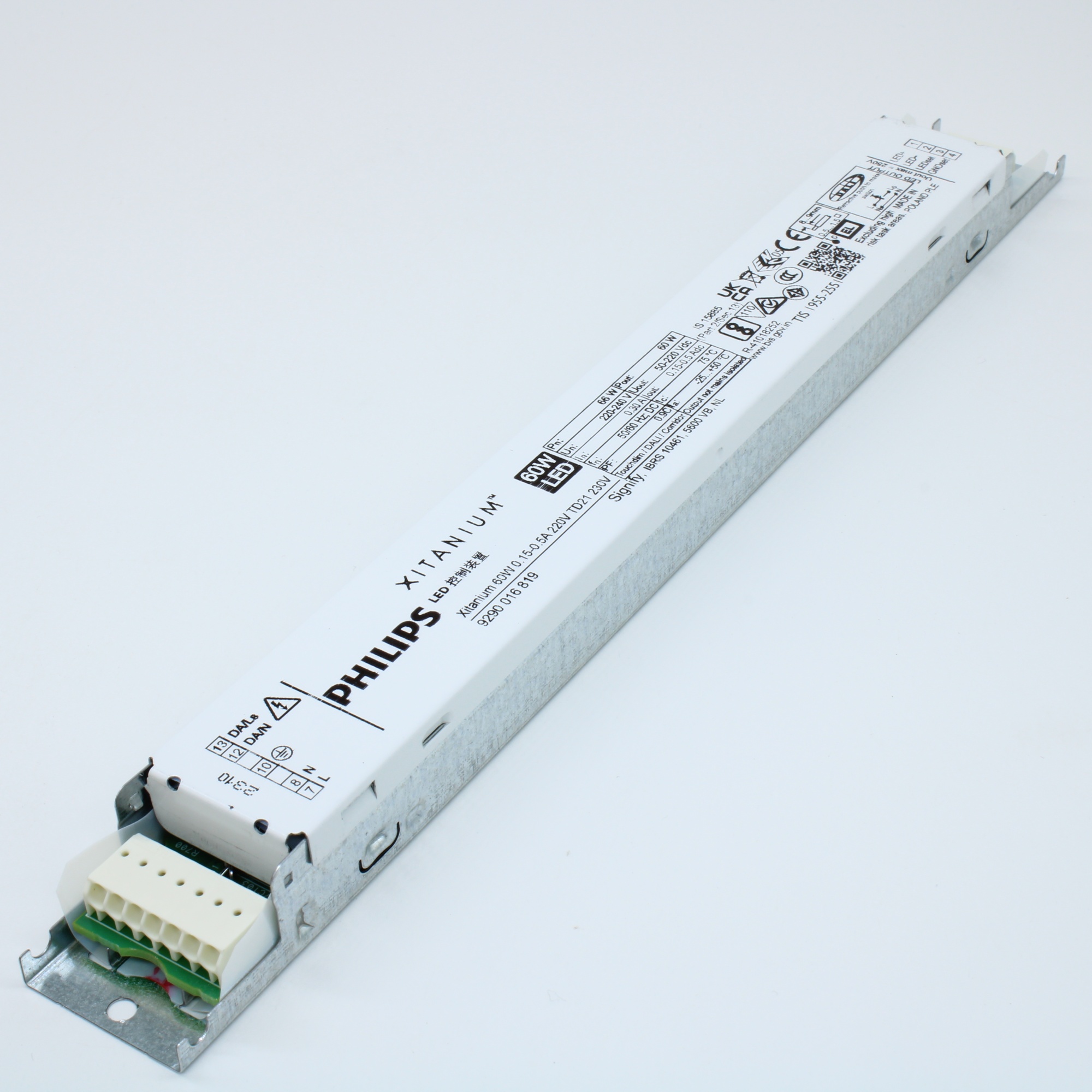 XITANIUM 60W 0.15-0.5A 220V TD21 230V - AC-DC, 60Вт, ККМ, стабилизация тока, вход 198…264В AC/ 168…275В DC, 45…66Гц, выход (0.15А) 0.15…0.5А / 50…220В DC, в корпусе 280x30x16мм, -25…+50°C, Programmable,  LEDset, Corridor Mode, Touch & Dim, DCemDim, CLO