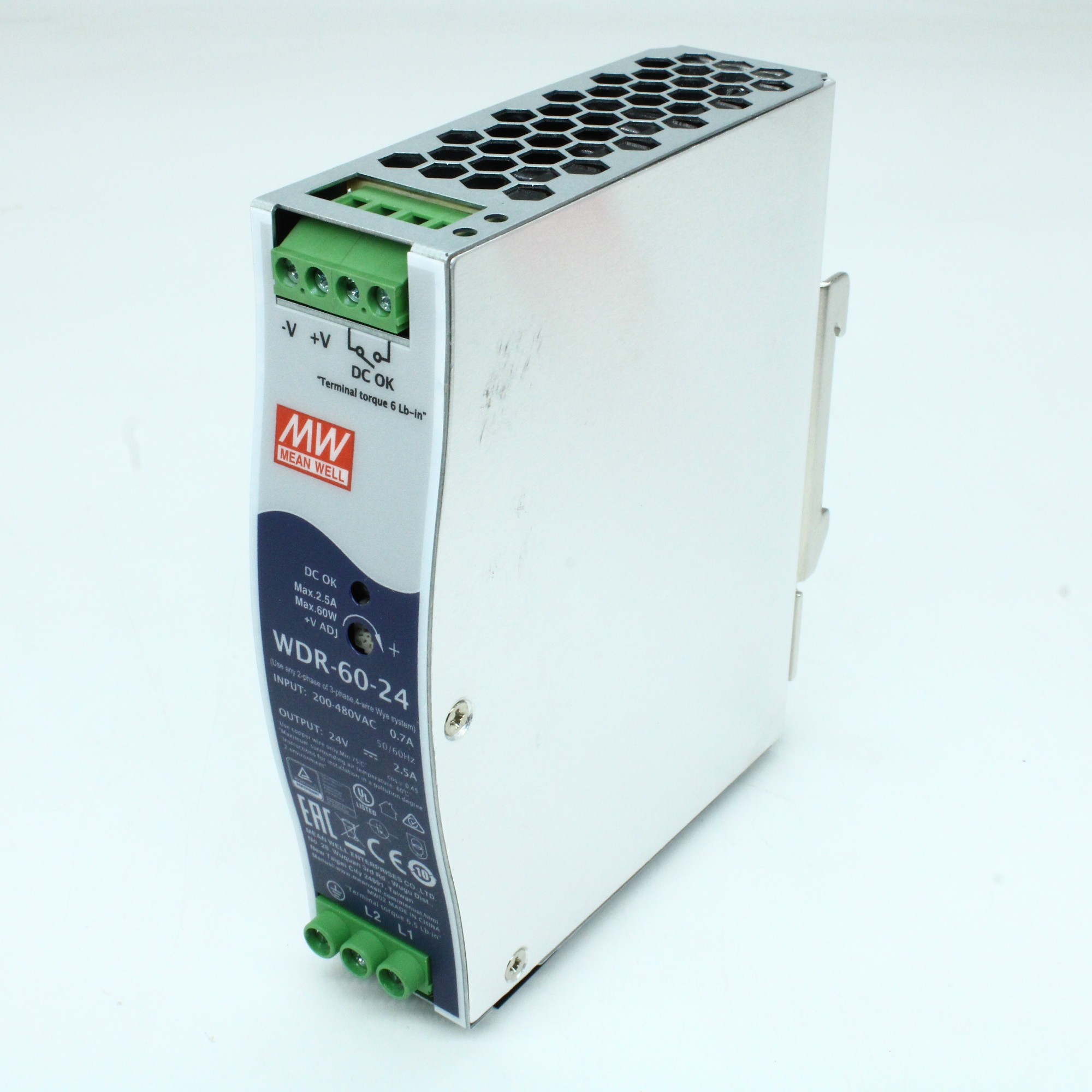 WDR-60-24 - Преобразователь AC-DC на DIN-рейку 60Вт, выход 24В/0…2.5A, рег. вых=24…29В, вход 180…550V AC, 47…63Гц /254…780V DC, изоляция 3000В AC, в кожухе 32х125.2х102мм, -30…+85°С