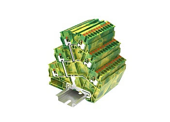 Заземляющая клемма TPTS2.5-2-PE - Заземляющая трехуровневая клемма, угловая, тип фиксации провода: push-in, номинальное сечение: 2,5 мм кв., ширина: 5,2 мм, цвет: желто-зеленый, тип монтажа: DIN 35