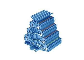 Этажная клемма TPFS2.5-2T-BU - Этажная клемма, с держателем маркировки, 3Х2+PE точек подключения, тип фиксации провода: push-in, номинальное сечение: 2,5 мм кв., 20A, 800V, ширина: 5,2 мм, цвет: синий, тип монтажа: DIN 35