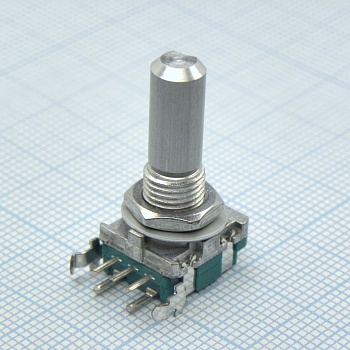 EC11B15242AE - Энкодер EC11, 30 щелчков, 15 импульсов, металлический вал с лыской 20мм, с кнопкой, крепление на гайку 7мм, вертикальные выводы   = EC11B152420Q
