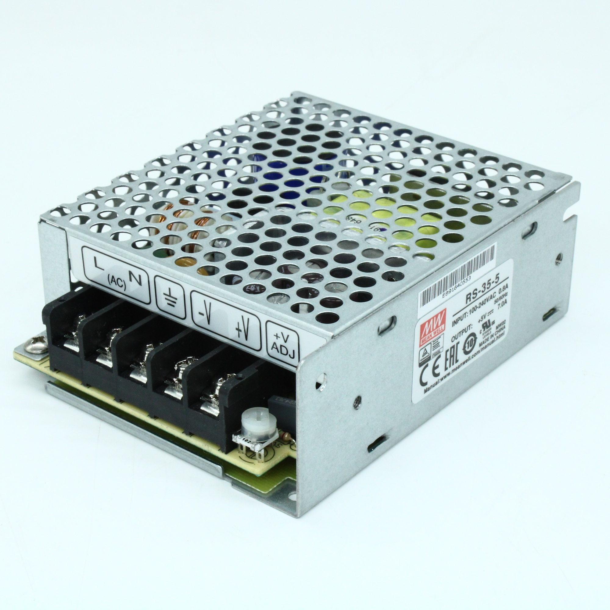 RS-35-5 - AC-DC, 35Вт, выход 5В/7A, рег. вых 4.5…5.5 В , вход 88…264В AC, 47…63Гц / 125…373 В DC,  изоляция 3000В AC, в кожухе 99х82х35мм, -25…+70°С