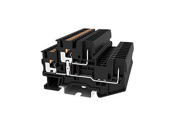 Этажная клемма TPD2.5-3-PV - Этажная клемма, межэтажное соединение, 6 точек подключения, тип фиксации провода: push-in, номинальное сечение: 2,5 мм кв., 22A, 500V, ширина: 5,2 мм, цвет: черный, тип монтажа: DIN 35