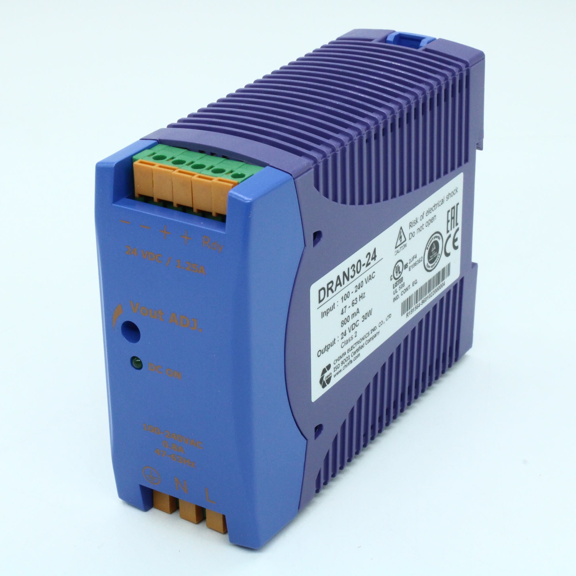 DRAN30-24 - Преобразователь AC-DC на DIN-рейку  30Вт, выход 24В/1.25A, рег. вых=+15%Uном, вход 90…265V AC, 47…63Гц / 120...370V DC , изоляция 3000V AC, : 115х90х41мм, пружинные клеммы, -40…+71°С