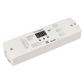 Конвертер SMART-K25-DMX512 (230V, 2x1A, TRIAC) 027129 - Конвертер сигнала DMX512 в TRIAC. Вход - DMX512, выход TRIAC(230V), напряжение питания AC 230V. 2 канала управления, ток нагрузки 2х1А. На корпусе цифровой дисплей. Габариты 170x50x23 мм.