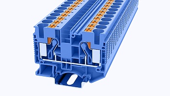 Проходная клемма DS10-01P-12 - Проходная клемма, тип фиксации провода: Push-in, номинальное сечение: 10 мм кв., 57A, 1000V, ширина: 10,2 мм, цвет: синий, втычная перемычка, тип монтажа: DIN35