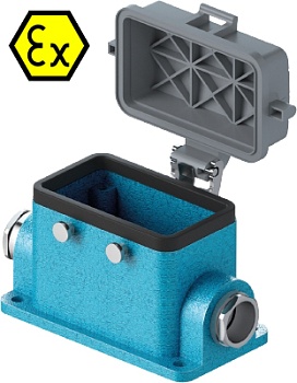 Закрытое основание разъема EX 70.340.1036.0 - Основание разъема на панель, закрытое, типоразмер 10B, взрывозащищита, с уплотнителем, 2 кабельных ввода M20x1,5, IP54, без защелок (упоры для двух защелок), с защитной крышкой, материал корпуса: цинковый спла
