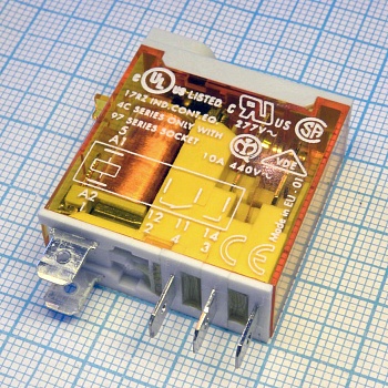 46.61.8.230.0040 - Миниатюрное промышленное электромеханическое реле; монтаж в розетку или наконечники Faston (4.8х0.5мм); 1СO 16A; контакты AgNi; катушка 230B АC; влагозащита RTII; опции: кнопка тест + мех.индикатор