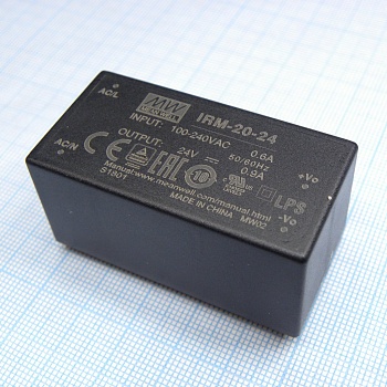 IRM-20-24 - AC-DC, 21.6 Вт, вход 85...264В AC 47...440 Гц, 120...370B DC, выход 24В/0.9А, изоляция 3000В AC, в корпусе на плату 52.4x27x24мм, -30...+70°C