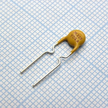 RXEF025 - Самовосстанавливающийся предохранитель PTC 0.25A(hold) 0.5A(trip) 72V 40A 0.45W 2.5s 1.25Ohm, радиальные выводы, 7.4 X 3 X 12.7mm, россыпью