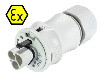 Разъем RST20I3SXS1 ZR1 V  GL - Взрывозащищенный вилочный разъем на кабель диам. 6-10 мм, IP68(69k), 3 полюса, винтовая фиксация провода, номинальные характеристики: 250/400V, 20A, цвет: белый, серия RST Ex