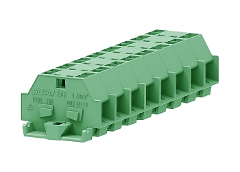 Клемма мини 242336 - Мини клемма, боковой подвод кабеля, 4 точки подключения в клемме, тип фиксации провода: пружинный, номинальное сечение: 4 мм кв., 24A, 630V, цвет: зеленый, тип монтажа: монтажные фланцы