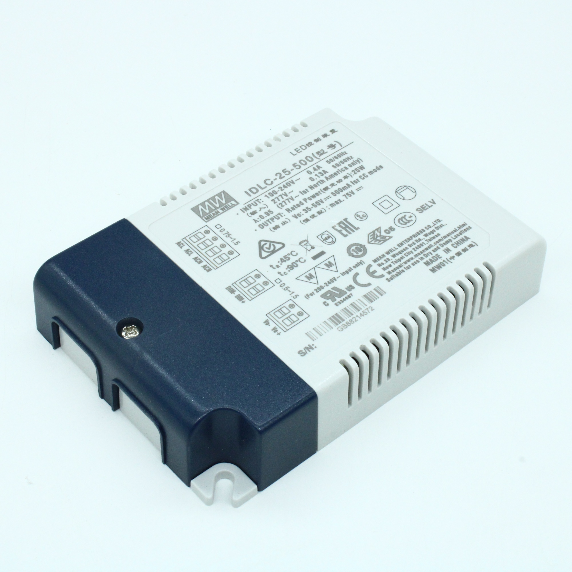 IDLC-25-500 - AC-DC, 25Вт, вход 90…295В AC, 47…63Гц/125…417В DC, ККМ, выход 35…50В/500мА, изоляция 3750В AC, в кожухе 110х75х22мм, -20…+90°С (корпус), димминг 0...10 В/ШИМ