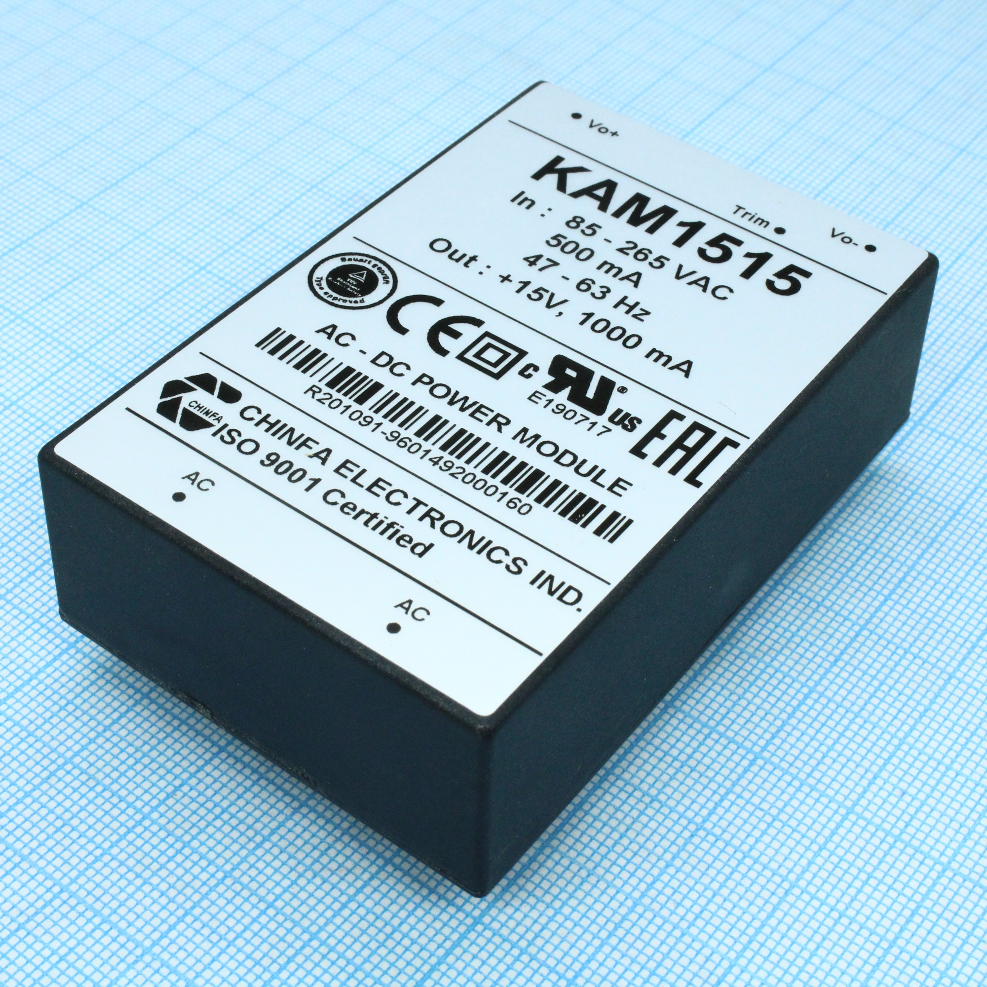 KAM1515 - AC-DC, 15Вт, выход 15В/1A, рег. вых=±10%Uном, вход 85…265V AC, 47…63Гц / 120...370V DC,  изоляция 3000V AC, в кожухе 76х51х23мм, -20…+50°С