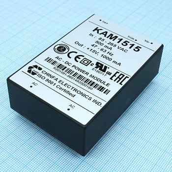 KAM1515 - AC-DC, 15Вт, выход 15В/1A, рег. вых=±10%Uном, вход 85…265V AC, 47…63Гц / 120...370V DC,  изоляция 3000V AC, в кожухе 76х51х23мм, -20…+50°С