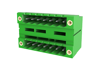 Вилочный разъем на плату MC-DPA5.0H23-F-0002 - Вилочный разъем, горизонтальный, 2 этажа, на плату, шаг: 5.0 мм, 23x2 полюса, фиксация на плате пайкой, исполнение: с монтажными фланцами, 320V, 10A, цвет: зеленый