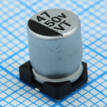 VT470M1HBKJ0607VBK - Конденсатор алюминиевый  электролитический 47мкФ 50В ±20% (6.3 X 7.7мм) для поверхностного монтажа 63мА 2000час 105°С лента на катушке