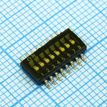 HDS-08N TR (DSHP08TSGER) - DIP переключатель 8 групп SMD монтаж шаг 1.27мм 0.025А 24В с плёнкой на ленте