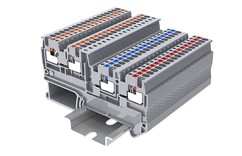 Клемма для подкл. датчик. TPIO1.5-S-3-LR24-K002 - Клемма для подключения датчиков, +/-/сигнал, красный светодиод, 3 точки подключения, тип фиксации провода: push-in, номинальное сечение: 1,5 мм кв., 13,5A, 250V, ширина: 3,5 мм, цвет: серый, тип монтажа: D