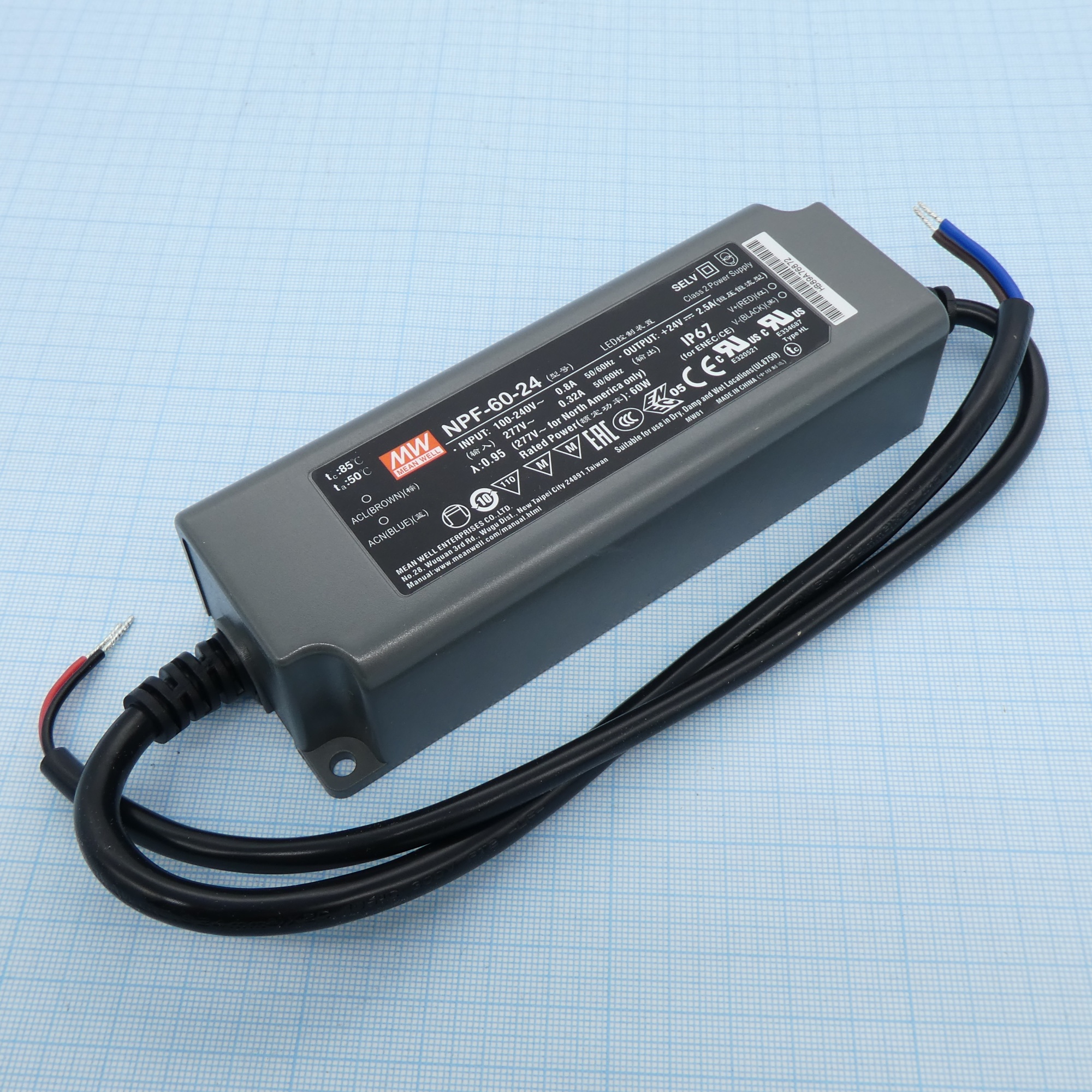 NPF-60-24 - AC-DC, 60Вт, вход 90…305В AC, 47…63Гц /127…431В DC, выход 14.4…24В/2.5A, ККМ, изоляция 3750В AC, в кожухе 150х53х35мм, -40…+70°С