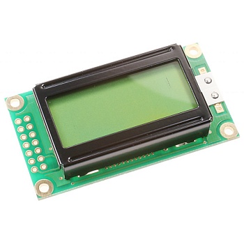 WH0802A-YYH-CT# - ЖКИ знакосинтезирующий 8 x 2, STN Желто-зеленый Позитивный/прозрачно-отражающий светодиодная подсветка желто-зеленая размер 58x32 мм, видимая область 38х16 мм, питание 5В, -20...70°C, контактные площадки 2 ряда слева 14 выводов