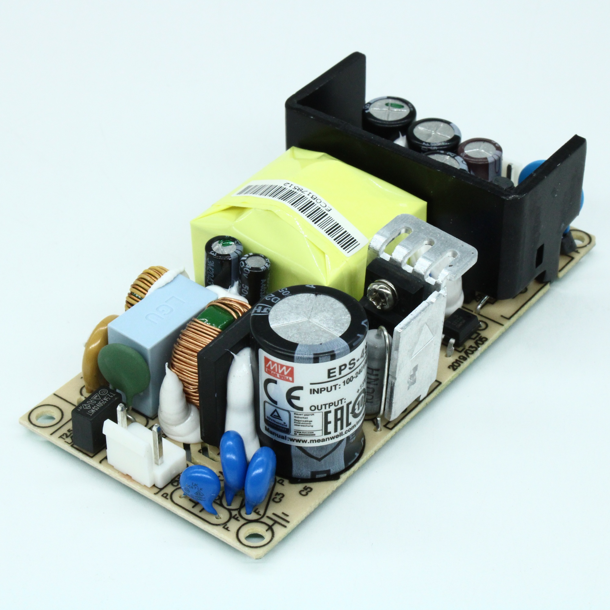 EPS-45-15 - AC-DC, 45Вт, вход 85…264V AC, 47…63Гц /120…370В DC, выход 15В/3A, рег. вых 13.5…16.5В, изоляция 3000В AC, открытая плата 101.6х50.8х29мм, -30…+70°С
