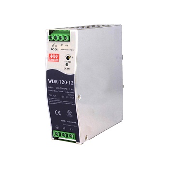 WDR-120-12 - Преобразователь AC-DC на DIN-рейку  120Вт, выход 12В/0…10A, рег. вых=12…15В, вход 180…550V AC, 47…63Гц /254…780V DC, изоляция 3000В AC, в кожухе  40х125.2х113,5мм, -25…+70°С