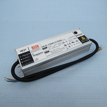 HLG-120H-C700A - AC-DC, 150Вт, IP65, вход 90…305В AC, 47…63Гц/127…431В DC, ККМ, выход 107…215В/700мА, рег. выход 350…700мА, изоляция 3750В AC, в кожухе 220х68х39, -40…+70°С