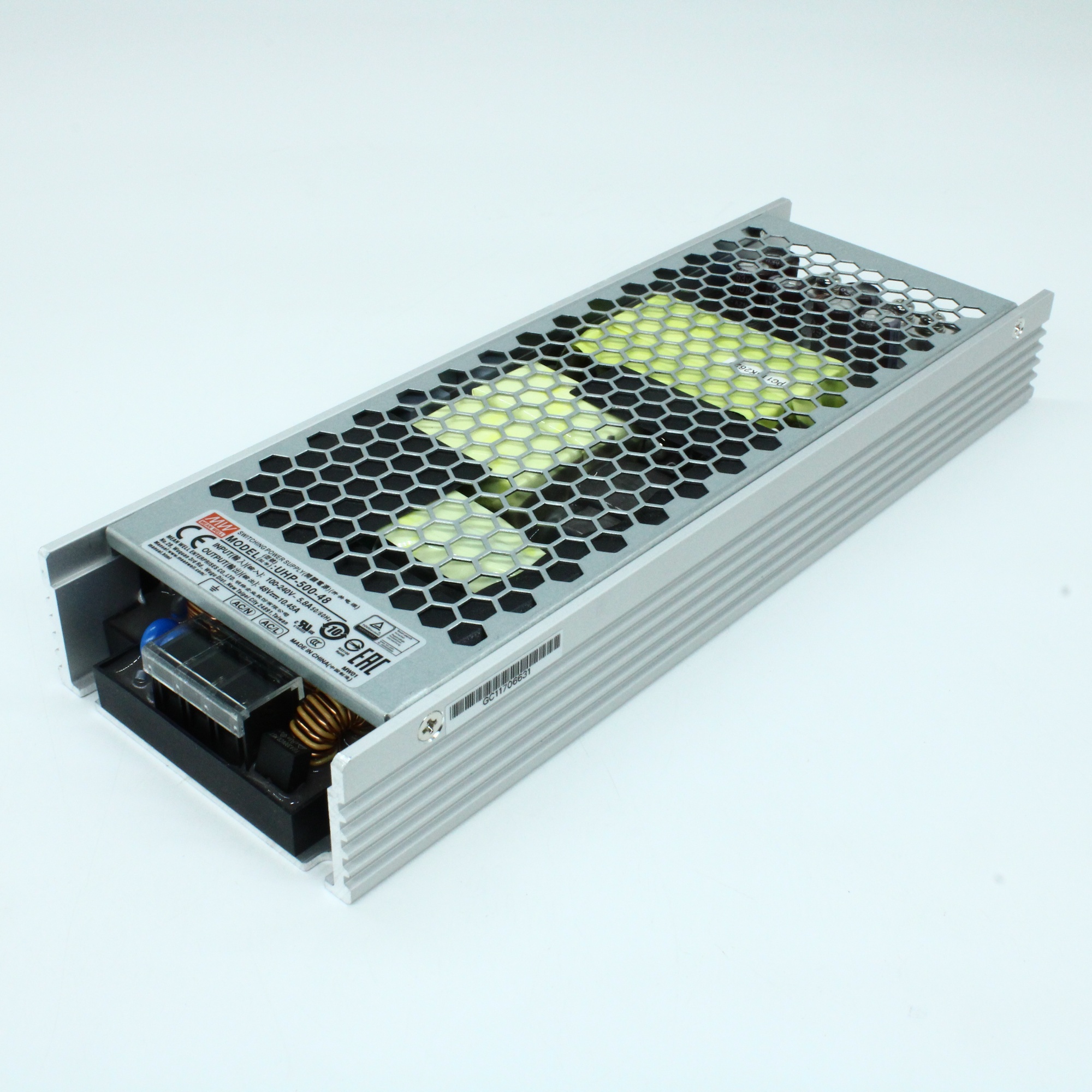 UHP-500-48 - AC-DC, 501.6Вт, вход 90…264В AC, 47…63Гц, выход 48В/10.45A, ККМ, рег. вых 45.6…50.4В, изоляция 3750В AC, в кожухе 232х81х31мм, -20…+70°С