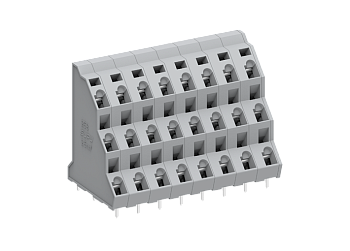 Розеточный разъем на плату 258321 - Клемма, 3 этажа, подвод кабеля 45 град., на плату, шаг: 7.5 мм, 21x3 полюс, фиксация провода пружинная, исполнение: стандартное, 630V, 16A, цвет: серый