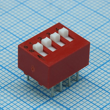 78B04T - DIP переключатель 4 группы красный шаг 2.54мм 0.025А 24В с выступающим движком монтаж в отверстие