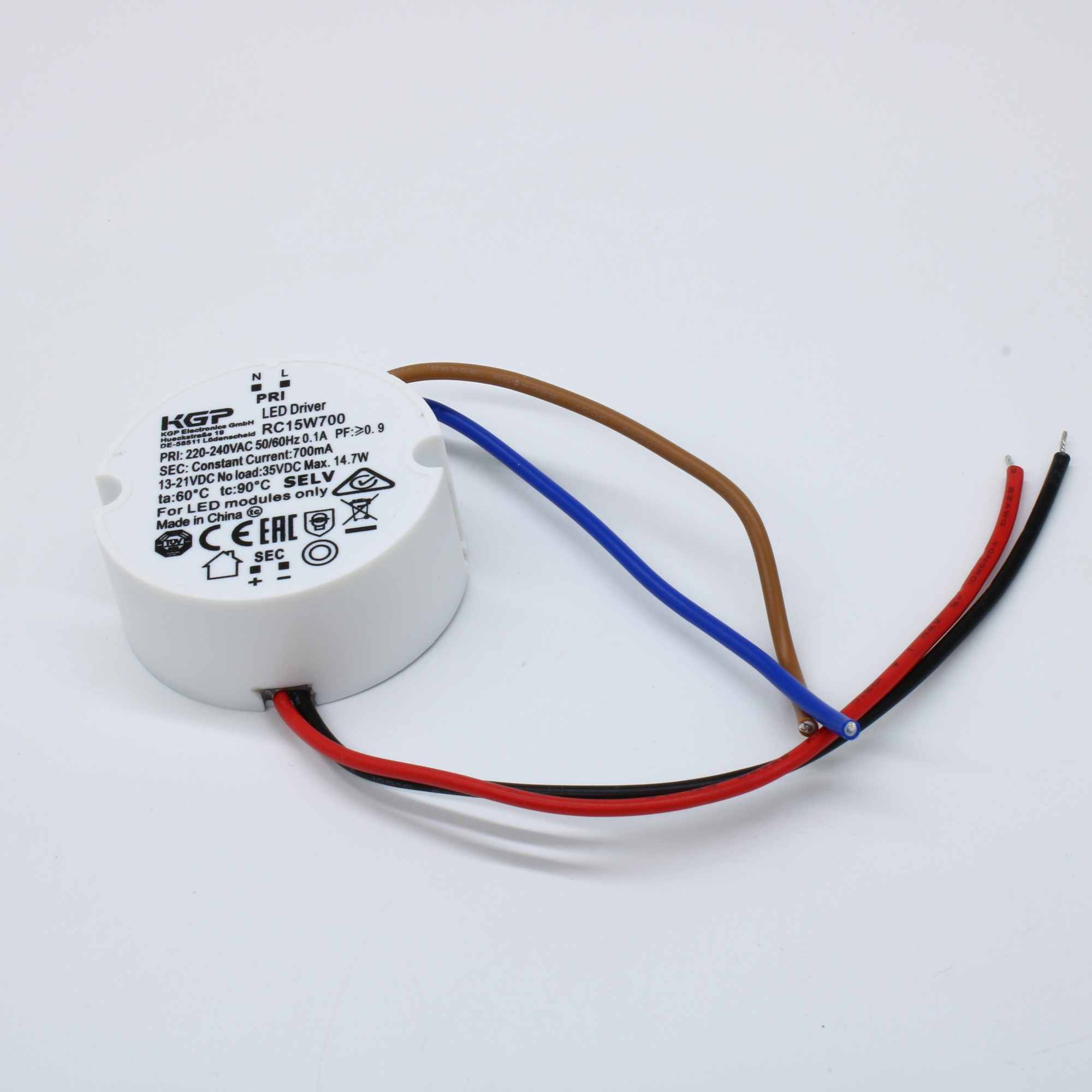 RC15W700 - AC-DC, 15Вт, токовый выход, вход 198…264В AC, выход 700мА/13…21В, ККМ, в кожухе Ф50х21мм, -20…+60°С