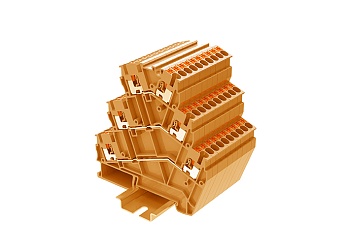 Трехуровневая клемма TPTS2.5-2-OG - Трехуровневая клемма, угловая, тип фиксации провода: push-in, номинальное сечение: 2,5 мм кв., 20A, 500V, ширина: 5,2 мм, цвет: оранжевый, тип монтажа: DIN 35