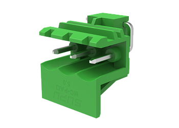 Вилочный разъем на плату MC-PAL5.0H03-0001 - Вилочный разъем, горизонтальный, на плату, шаг: 5.0 мм, 3 полюса, фиксация на плате пайкой, исполнение: стандартное, 320V, 12A, цвет: зеленый