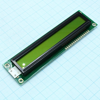 WH1601L-YYK-CT# - ЖКИ знакосинтезирующий 16 x 1, STN Желто-зеленый Позитивный/прозрачно-отражающий светодиодная подсветка желто-зеленая размеры 122x33 мм, видимая область 99x13 мм, -20...70°C, контактные площадки сверху 16 выводов