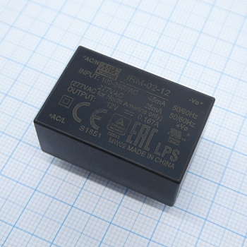 IRM-02-12 - AC-DC, 2Вт, вход 85…305В AC 47…63 Гц, 120...370B DC, выход 12В/167мА, изоляция 3000В AC, в корпусе на плату 33.7х22.2х15мм, -30...+85°C, монтаж в отверстия