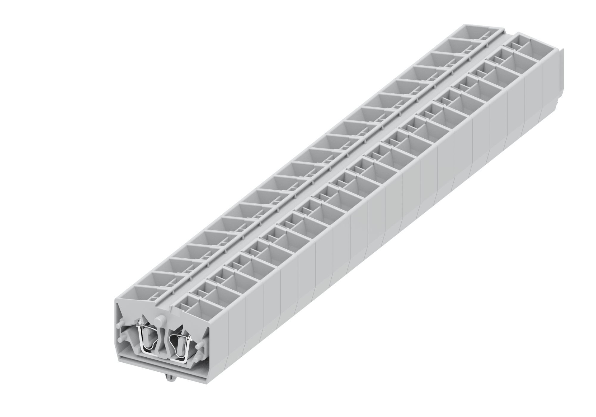 Клемма мини 254343 - Мини клемма, верхний подвод кабеля, 4 точки подключения в клемме, тип фиксации провода: пружинный, номинальное сечение: 2,5 мм кв., 24A, 800V, цвет: светло-серый, тип монтажа: защелки в панель