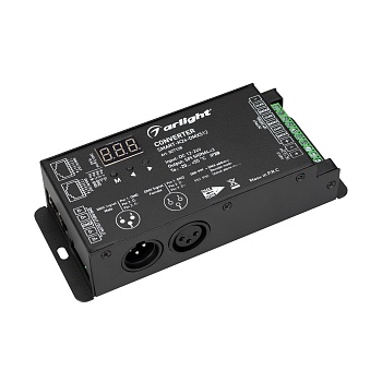 Конвертер SMART-K24-DMX512 (12-24V, SPI, 2.4G) 027128 - Конвертер сигнала DMX512 в SPI. Вход - DMX512+RF 2.4GHz, выход SPI (TTL)x3, напряжение питания DC 12-24V. Максимально 1024 пикселей, 3 выходных порта. На корпусе цифровой монитор. Габариты 165х70х37 