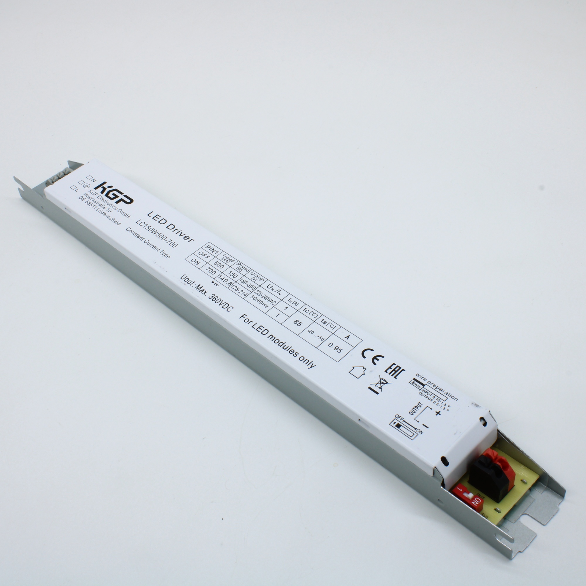 LC150W500-700 - AC-DC, 150Вт, стаб.тока, вход 176…264В AC, 50/60Гц, 176…280В DC, выход (DIP-SW) 500/700мA/180…300/128…214В, ККМ, неизолированный, в кожухе 290х30х21мм, -25…+50°С, IP20, защиты SCP, OLP, NLP, 380В (все с автовосстановлением)