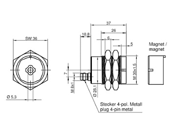 Авт.магн.выкл.SMA 0329 MAGNET SWITCH SET - Магнитный переключатель + магнит, круглая форма, габариты: M30x32 мм, контакт NO/NO, разъем M8, степень защиты: IP67, серия SAFETY