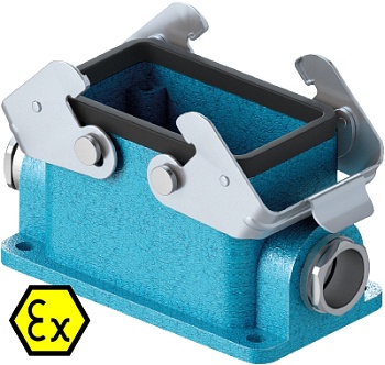 Закрытое основание разъема EX 70.330.1036.0 - Основание разъема на панель, закрытое, типоразмер 10B, взрывозащищита, с уплотнителем, 2 кабельных ввода M20x1,5, IP54, с двумя защелками, без защитной крышки, материал корпуса: цинковый сплав